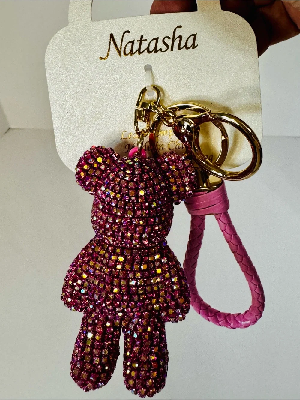 Natasha Couture Pink Crystal Teddy Bear Keychain with Braided Strap